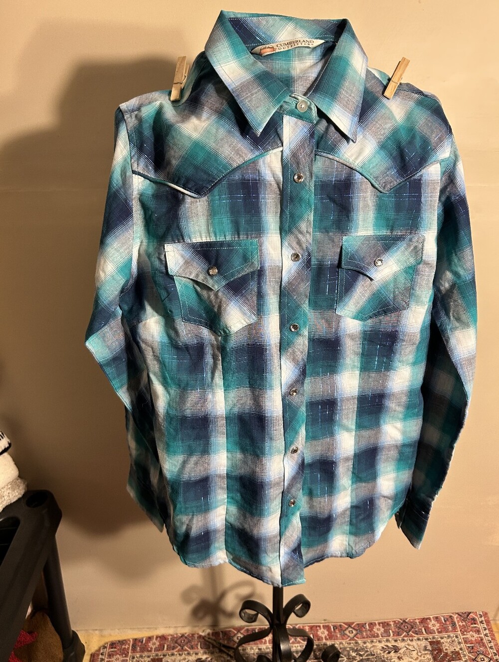 size small womens plaid shirt blue top button western snap buttons